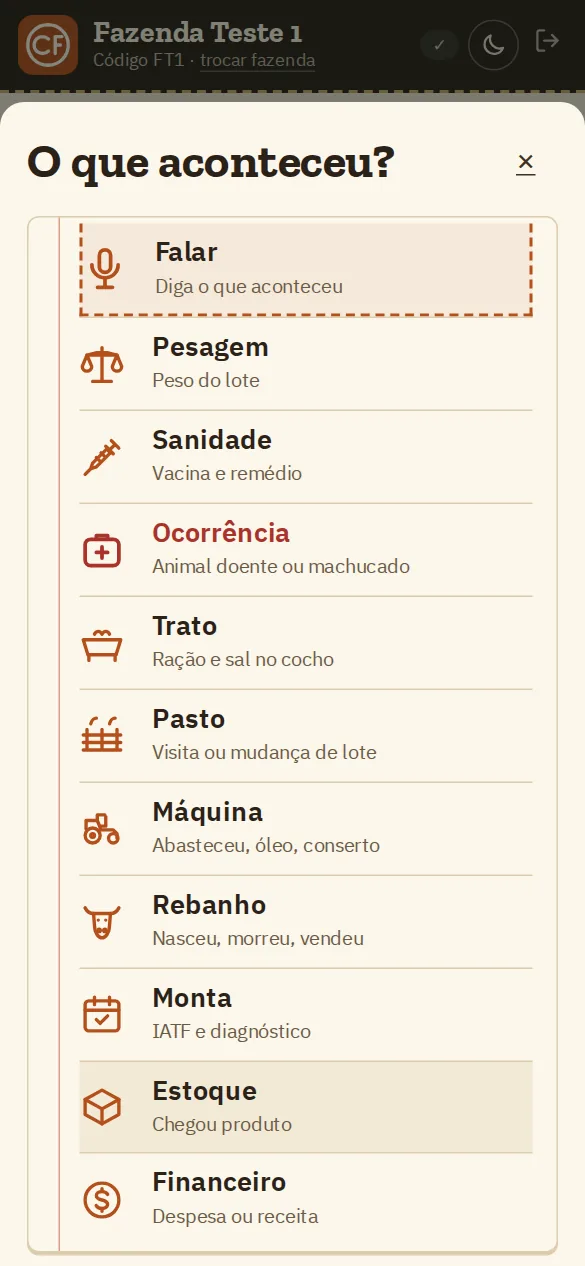Tela O que aconteceu? com botões grandes: Falar, Pesagem, Sanidade, Ocorrência, Trato, Pasto, Máquina, Rebanho, Monta, Estoque e Financeiro
