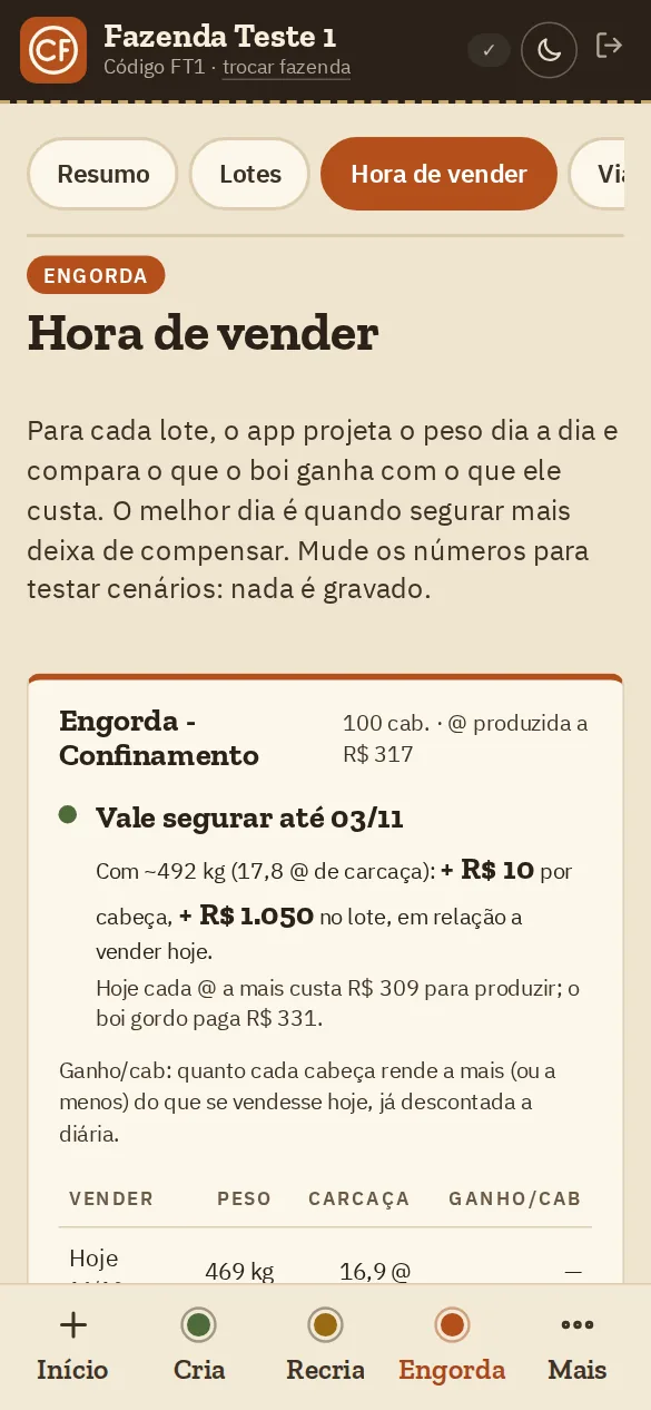 Tela Hora de vender, indicando até quando vale segurar o lote e o ganho por cabeça