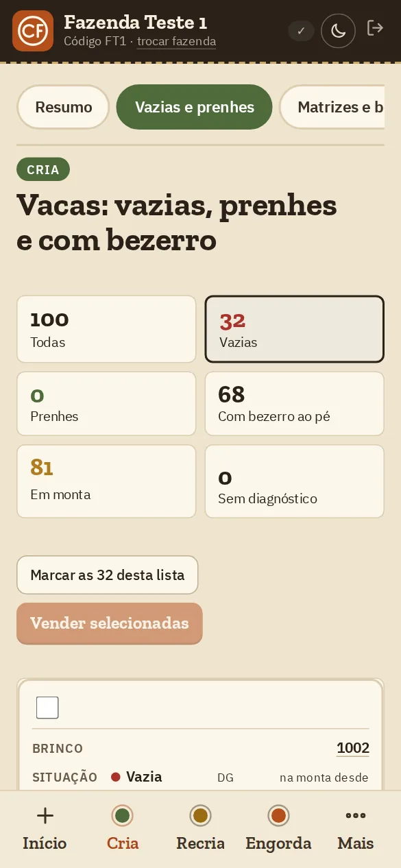 Tela de vacas vazias, prenhes e com bezerro, com contagem por situação