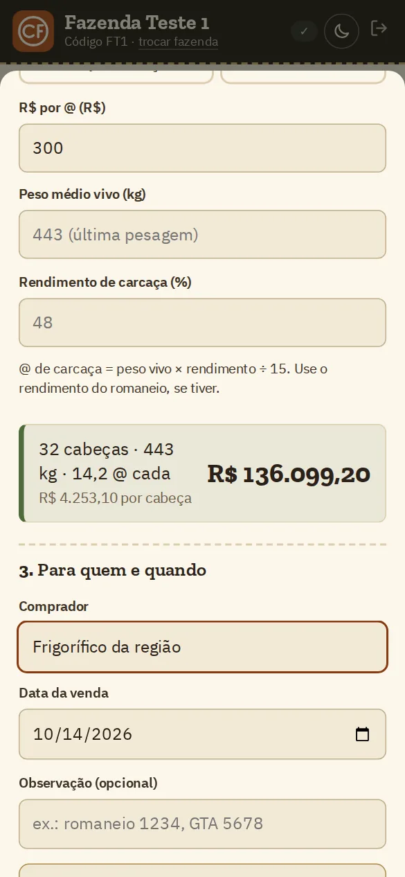 Venda das vacas vazias com o valor total calculado