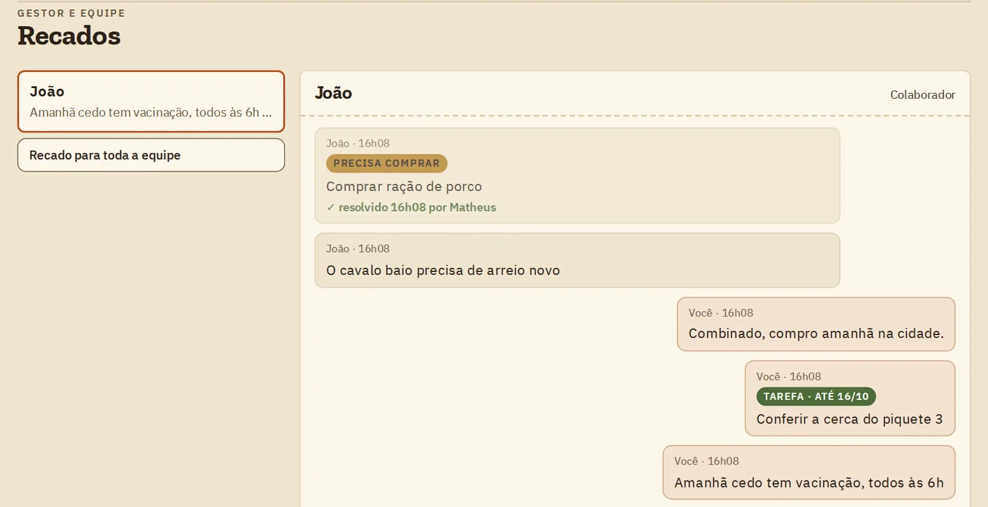 Conversa de recados entre o gestor e o colaborador, vista no computador
